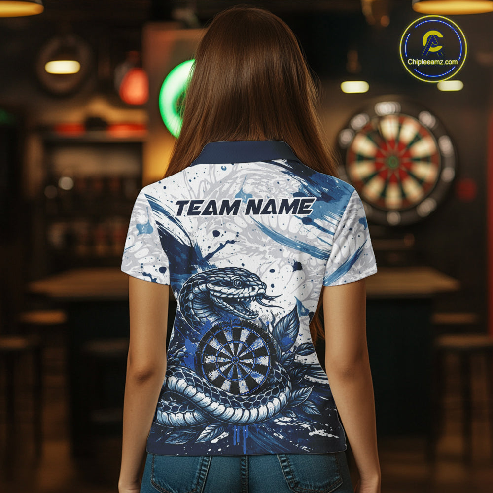 Custom White And Blue Splatter Cobra Dartboard Women Darts Polo Shirts Grunge Dart Jerseys NYN2269