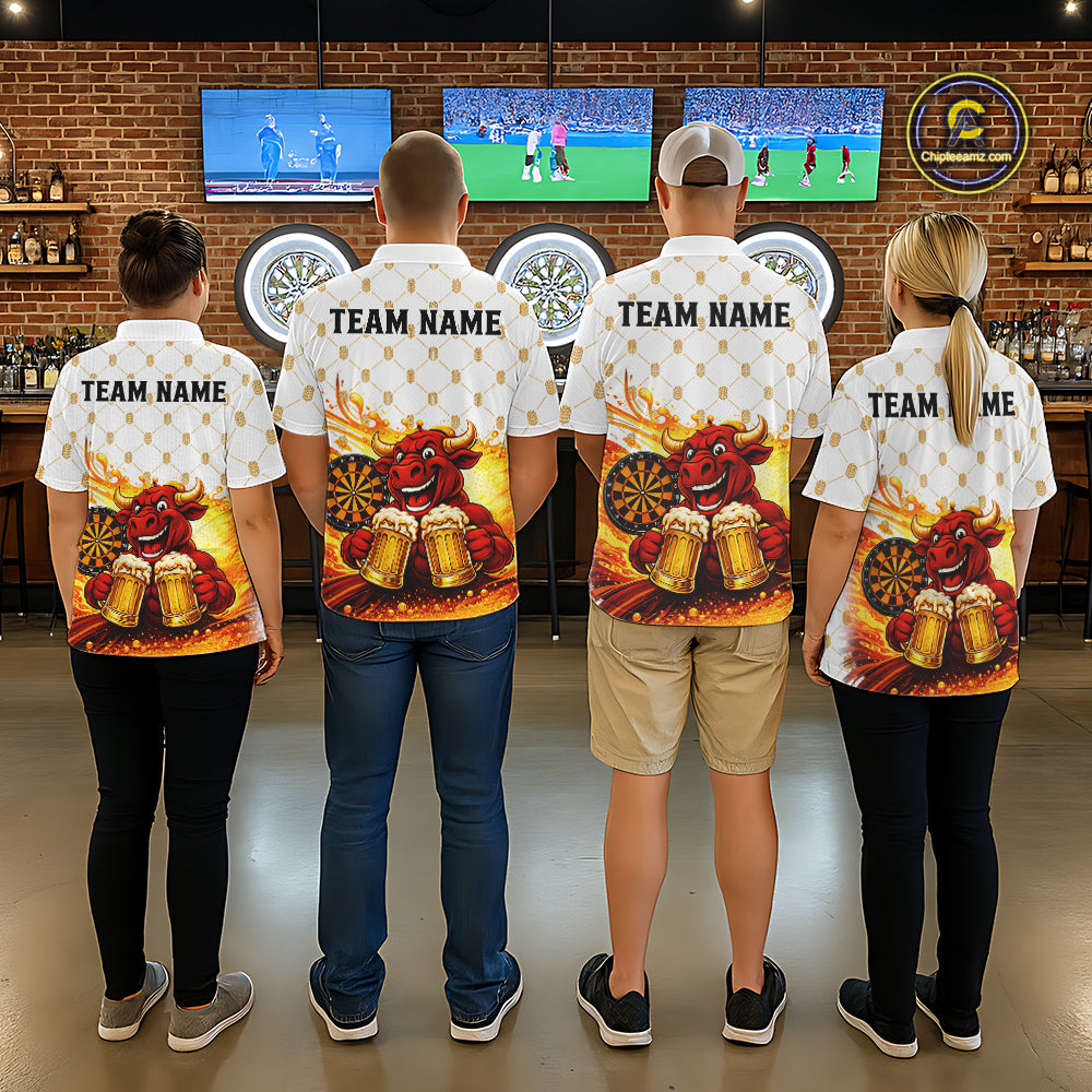 Bull & Cheer Beers Dartboard Custom Funny Darts Polo Shirts Men Dart Team Jerseys | White NYN2273