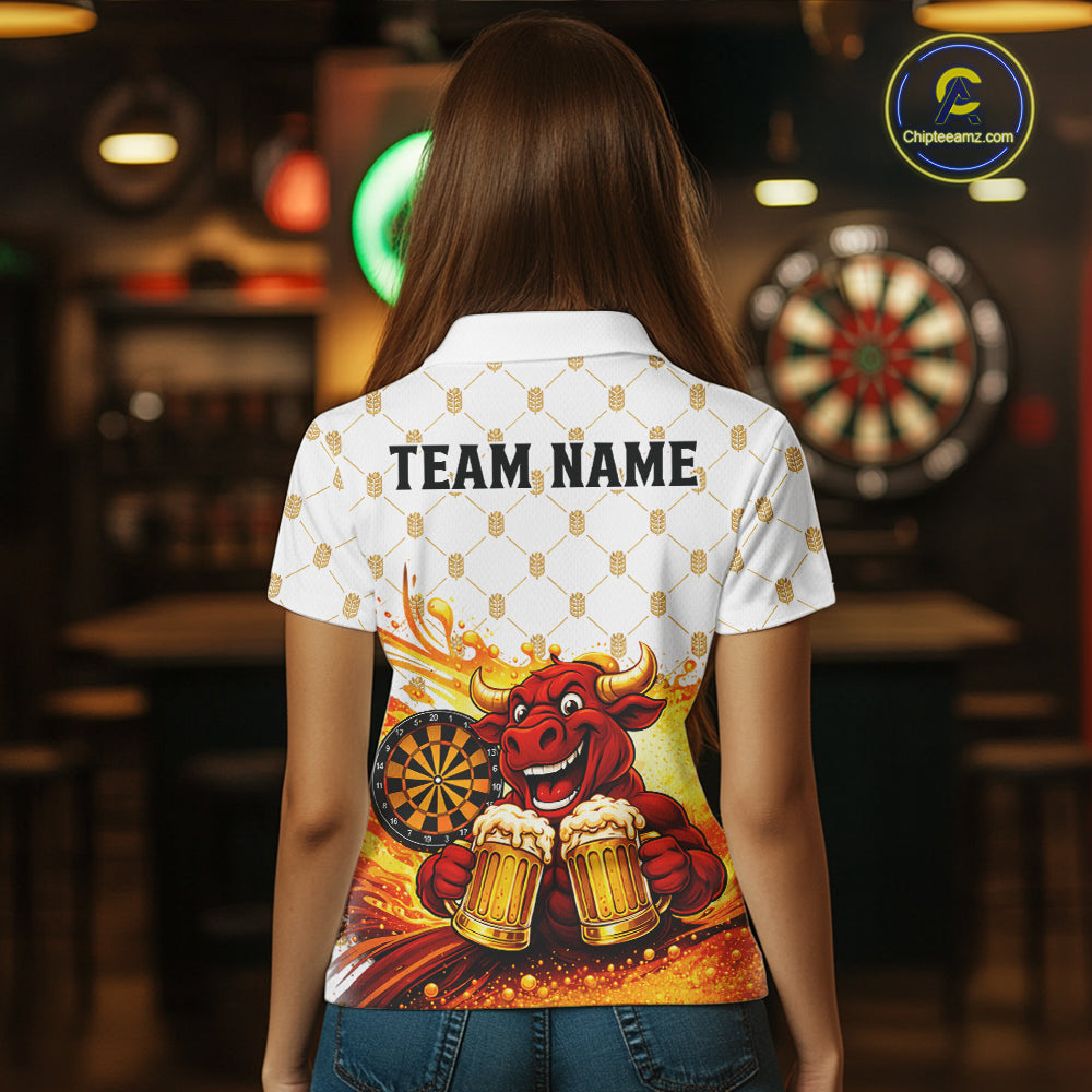 Bull & Cheer Beers Dartboard Custom Funny Darts Polo Shirts Women Dart Team Jerseys | White NYN2273
