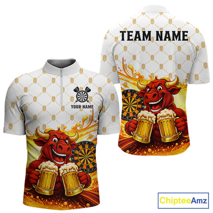 Bull & Cheer Beers Dartboard Custom Funny Darts Quarter-Zip Shirts Men Dart Team Jerseys | White NYN2273