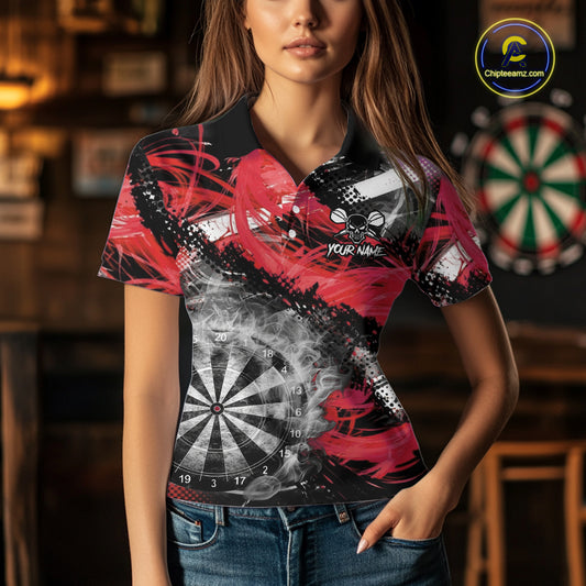 Red & Grey Smokes Dartboard Custom Women Darts Polo Shirts Grunge Dart League Jerseys NYN2279