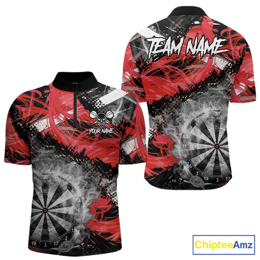Red & Grey Smokes Dartboard Custom Men Darts Quarter-Zip  Shirts Grunge Dart League Jerseys NYN2279