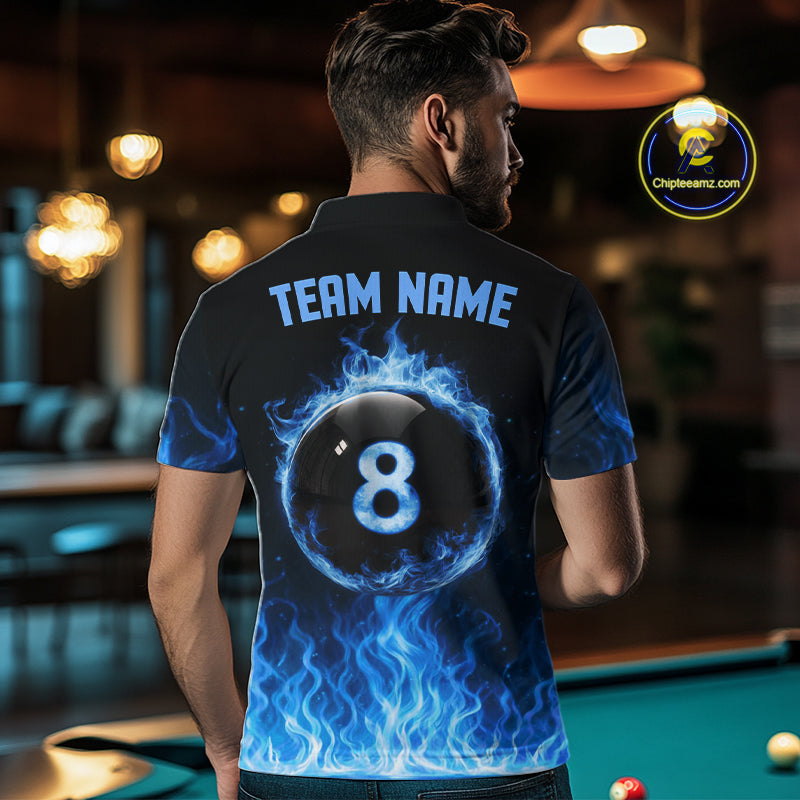 Custom Blue Flaming Pool 8 Ball Billiard Shirt For Men Personalized 3D Ball Billiard Attire Gifts NYN2570