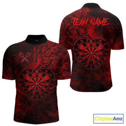 Red Grunge Roses Heart Dartboard Men Darts Valentine Shirt Custom Dart Quarter-Zip Couple Gifts NYN2573