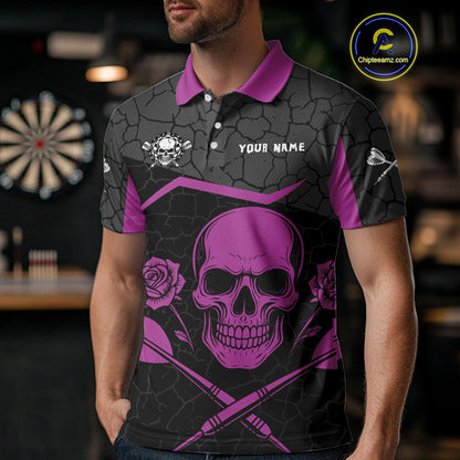 Purple Roses Skull & Black Cracked Pattern Darts Shirt For Men - Custom Team Name NYN0375