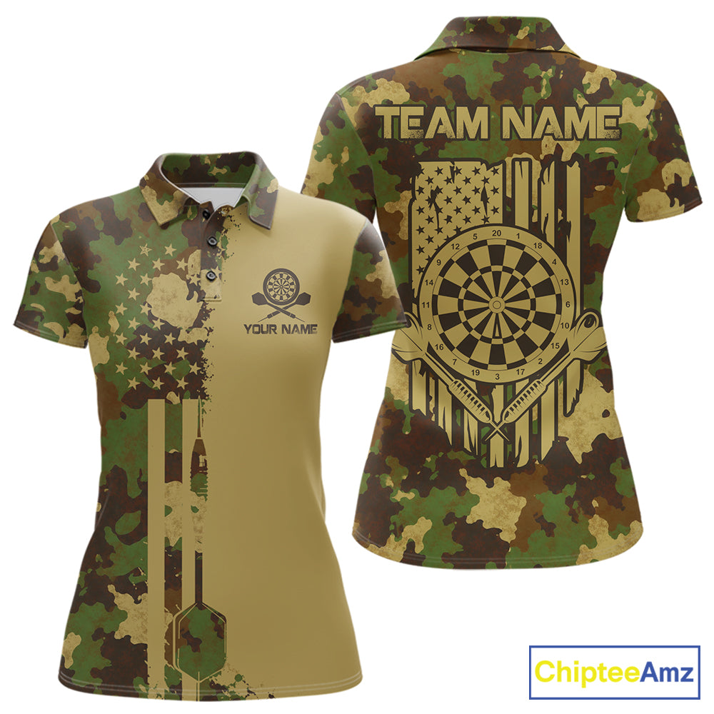 Green Beige Camo Women's Dart Polo Shirt, Personalized Patriot Dartboard Team Jersey, US Flag Camouflage Performance Polo, Tactical Sportswear
