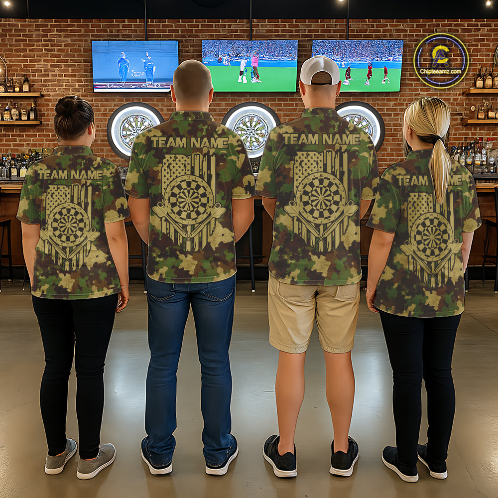 Dart team wearing matching Green Beige Camo jerseys, personalized patriotic uniforms, hunting, military support, outdoor adventure, teamwork