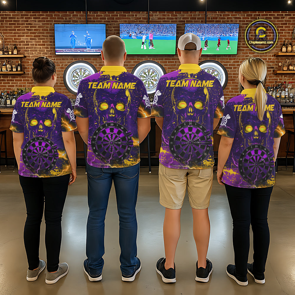 Dart team wearing matching Skull Thunder jerseys, personalized gothic uniforms, teamwork, Halloween, gaming, bowling, billiards crossover