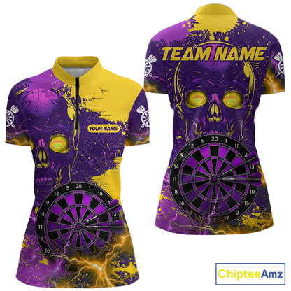 Skull Thunder Women's Dart Quarter-Zip Shirt, Personalized Purple Yellow Tournament Jersey, Gothic Performance Sportswear