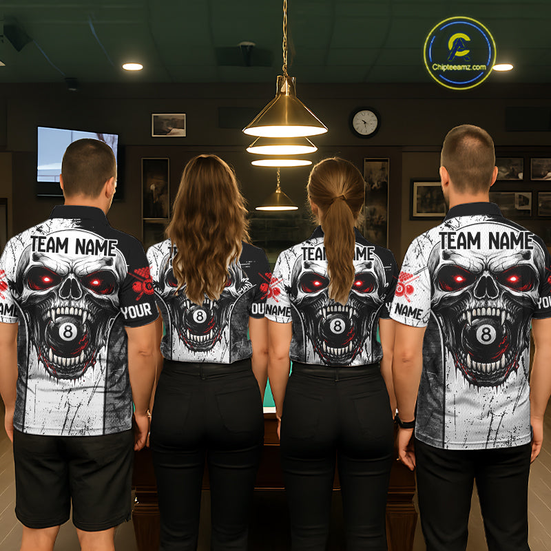 Red Grunge Skull 8 Ball Billiard Shirts For Men Custom Name Pool Billiard Team Jerseys NYN2288