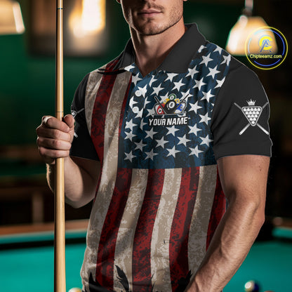 Grunge Dripping Pool 8 Ball Men Billiard Shirts Custom US Flag Patriotic Billiard Jerseys NYN2293