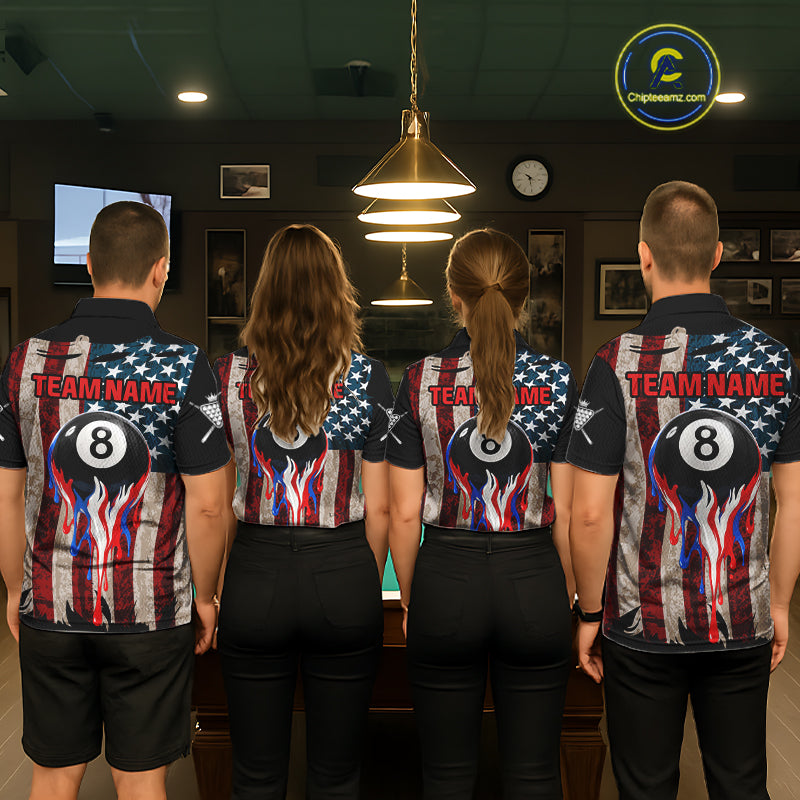 Grunge Dripping Pool 8 Ball Women Billiard Shirts Custom US Flag Patriotic Billiard Jerseys NYN2293