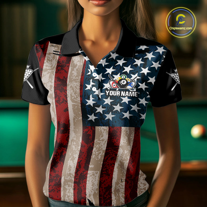 Grunge Dripping Pool 8 Ball Women Billiard Shirts Custom US Flag Patriotic Billiard Jerseys NYN2293