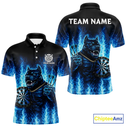 Personalized Blue Flames Bulldog Dartboard Men Darts Polo Shirt Custom Funny Darts Jerseys NYN2581