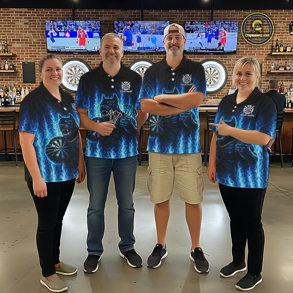 Personalized Blue Flames Bulldog Dartboard Women Darts 1/4-Zip Shirt Custom Funny Darts Jerseys NYN2581