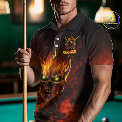 Orange Flaming Horror Skull 8 Ball Pool Men Billiard Polo & 1/4-Zip Shirt Custom Billiard Team Attire NYN2731