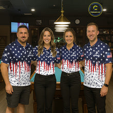 Load image into Gallery viewer, Blue Red American Flag 8 Ball Pool Men Billiard Ball Cue Shirt Custom Patriotic Billiard Team Attire NYN2733