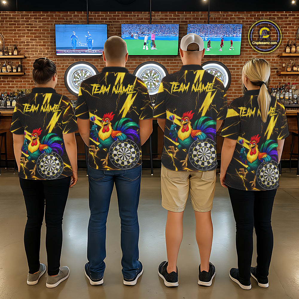Funny Colorful Rooster Plays Darts Polo & Quarter Zip Shirt Custom Thunder Yellow Women Darts Jersey NYN2949