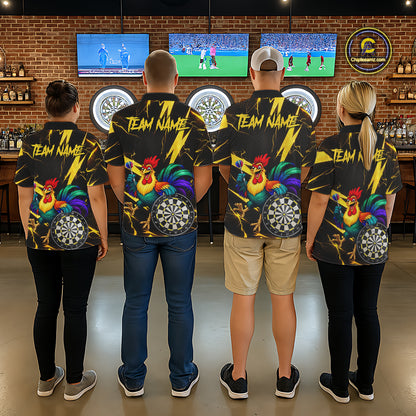 Funny Colorful Rooster Plays Darts Polo & Quarter Zip Shirt Custom Thunder Yellow Women Darts Jersey NYN2949