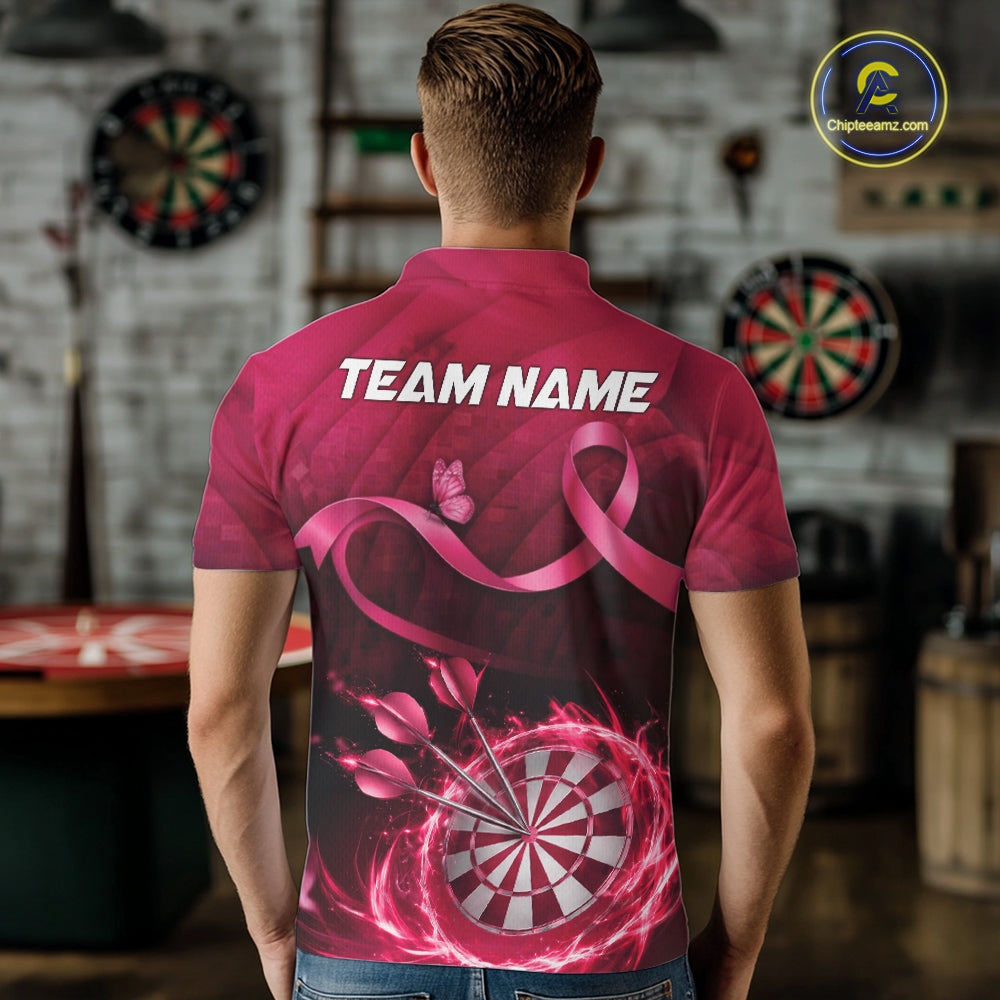 Pink Ribbon Thunder Lightning Men Dart Polo & Quarter Zip Shirt Custom Breast Cancer Darts Jersey NYN2947