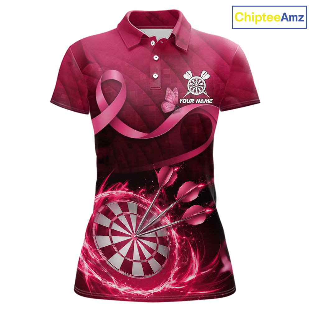 Pink Ribbon Thunder Lightning Women Dart Polo & Quarter Zip Shirt Custom Breast Cancer Darts Jersey NYN2947