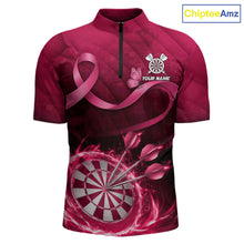 Load image into Gallery viewer, Pink Ribbon Thunder Lightning Men Dart Polo &amp; Quarter Zip Shirt Custom Breast Cancer Darts Jersey NYN2947