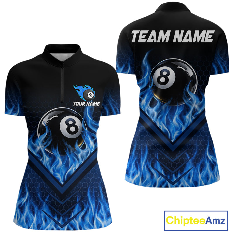 Blue Flaming Hexagon 8 Ball Billiard Pool Shirt For Women Custom Billiard Polo & 1/4 Zip Team Attire NYN3161