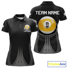 Load image into Gallery viewer, Personalized Black 9 Ball women's billiard polo shirt custom pool team jersey