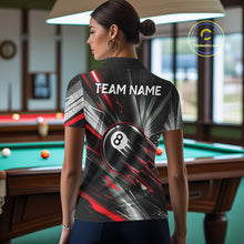 Load image into Gallery viewer, Female billiard player wearing Thunder Red 8 Ball Strike custom billiard shirt