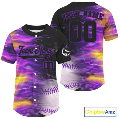 Purple And Yellow Flaming Baseball Ball Jersey Custom Outfits Youth Baseball Shirt For Women NYN0837