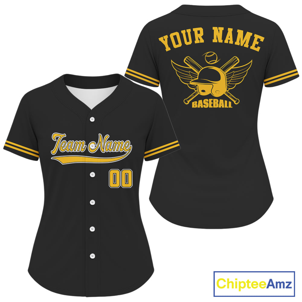 Black And Yellow Minimalist Baseball Shirts For Women Custom Button Up Baseball Jerseys NYN0847