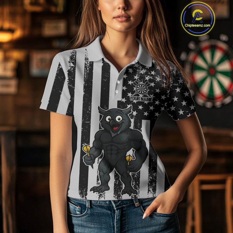 Custom Grunge Grey Owls Dartboard Funny Dart Team Patriotic Women Polo Shirt NYN1536