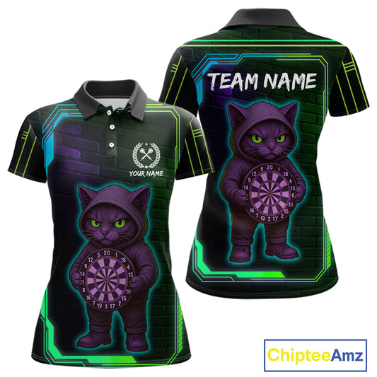 Lightning Cat Tech Green & Blue Neon Dartboard Women Dart Polo Shirt Funny Dart Jerseys NYN1792