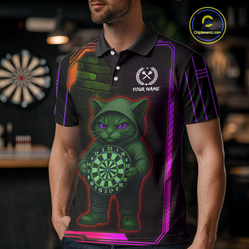 Lightning Cat Tech Purple & Blue Neon Dartboard Men's Dart Polo Shirt Funny Dart Jerseys NYN1793