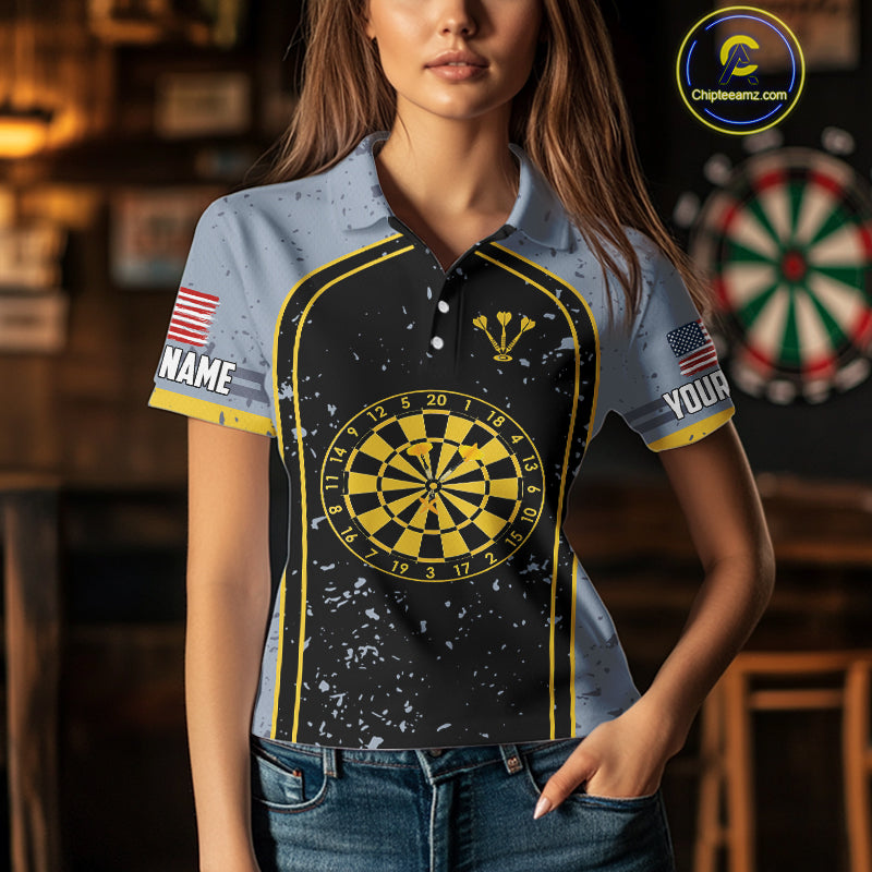 Custom Grey And Yellow US Flag Dartboard Dart Shirts For Women Patriotic Dart Team Jerseys NYN0042