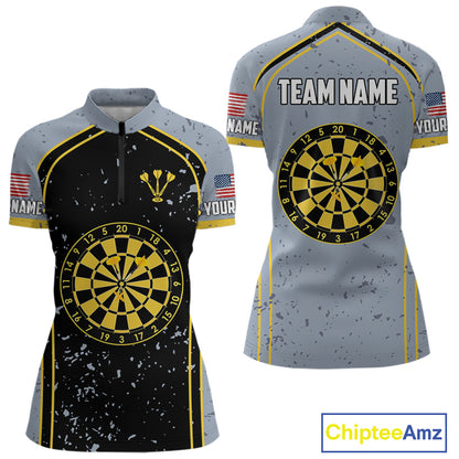 Custom Grey And Yellow US Flag Dartboard Dart Shirts For Women Patriotic Dart Team Jerseys NYN0042