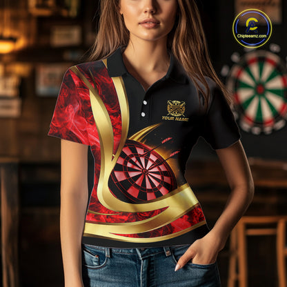 Personalized Red Flaming Thunder Darts Polo & 1/4-Zip Shirt For Women Gold Dart Team Dart Jerseys NYN2957