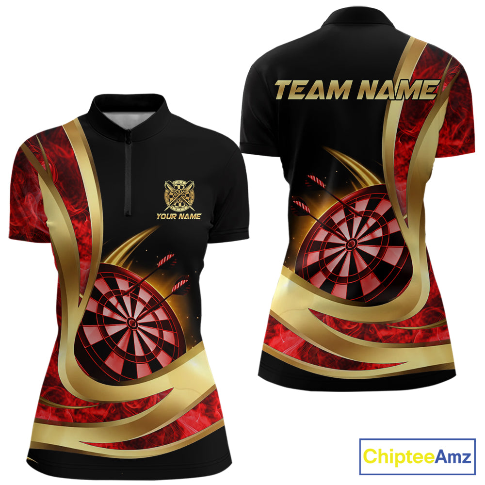 Personalized Red Flaming Thunder Darts Polo & 1/4-Zip Shirt For Women Gold Dart Team Dart Jerseys NYN2957