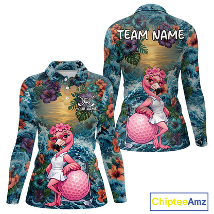 Womens Flamingo Golf Clothing Waving Tropical Golf Shirt Custom Floral Golf Polo, Best Golf Gifts NYN2959
