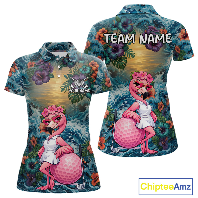 Womens Flamingo Golf Clothing Waving Tropical Golf Shirt Custom Floral Golf Polo, Best Golf Gifts NYN2959