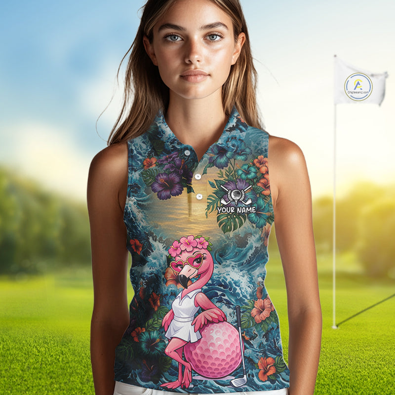Womens Flamingo Golf Clothing Waving Tropical Golf Shirt Custom Floral Golf Sleeveless Polo, Golf Gifts NYN2959