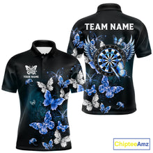 Load image into Gallery viewer, Blue butterfly dart polo shirt for men custom darts team apparel