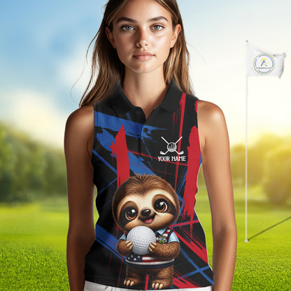 Female golfer wearing cute sloth golf polo featuring colorful brush artwork, representing positive energy and fun golf lifestyle.
