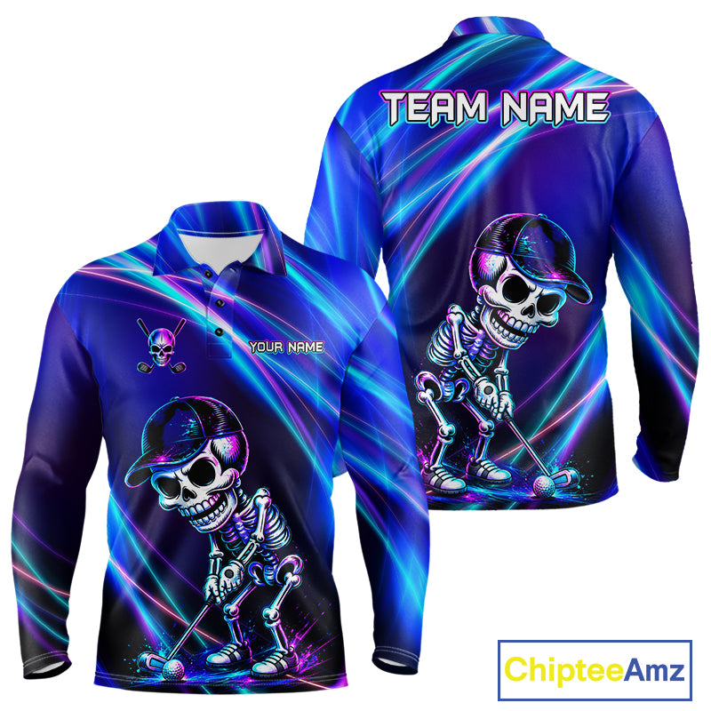 Men's golf polo featuring glowing skeleton skull with neon purple and blue graphics, personalized performance golf apparel for Halloween golf tournaments, alternative golf fashion and men's golf teams, symbolizing strength, individuality and fearless spirit.