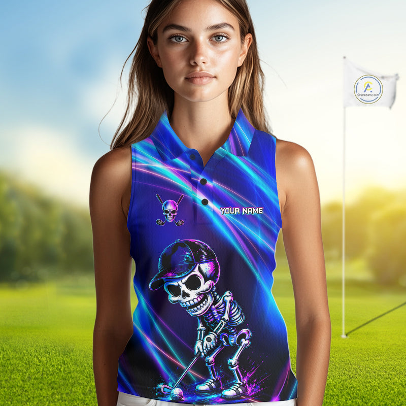 Female golfer wearing skeleton golf polo with glowing neon artwork, unique ladies golf apparel expressing confidence and individuality.