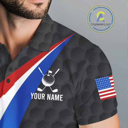 Golf team wearing matching black American flag golf polos for golf tournaments, league championships and corporate golf outings, symbolizing professionalism, unity and patriotism.