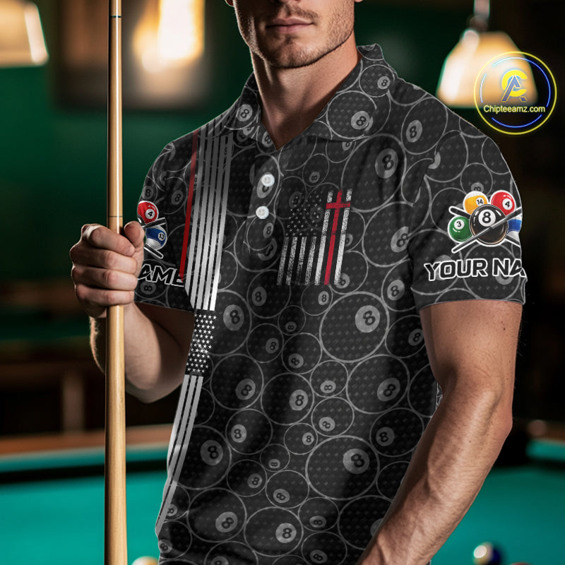 Cross US Flag 8 Ball Men's Billiard Shirts Personalized Patriotic Billiard Team Shirts NYN2322
