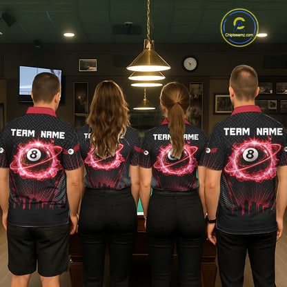Black & Red Flaming 8 Ball Light Men's Billiard Shirts Personalized Billiard Team Attire NYN2329