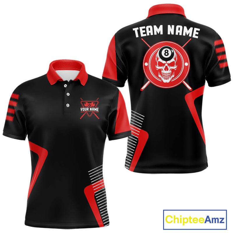 Black & Red Skull Pool 8 Ball Men Billiard Polo & 1/4-Zip Shirt Personalized Ball Billiard Attire NYN2593