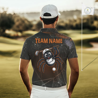 Male golfer wearing Funny Spider Halloween golf polo, custom golf team apparel, spiderweb performance golf shirt, golf club uniform, Halloween golf outing